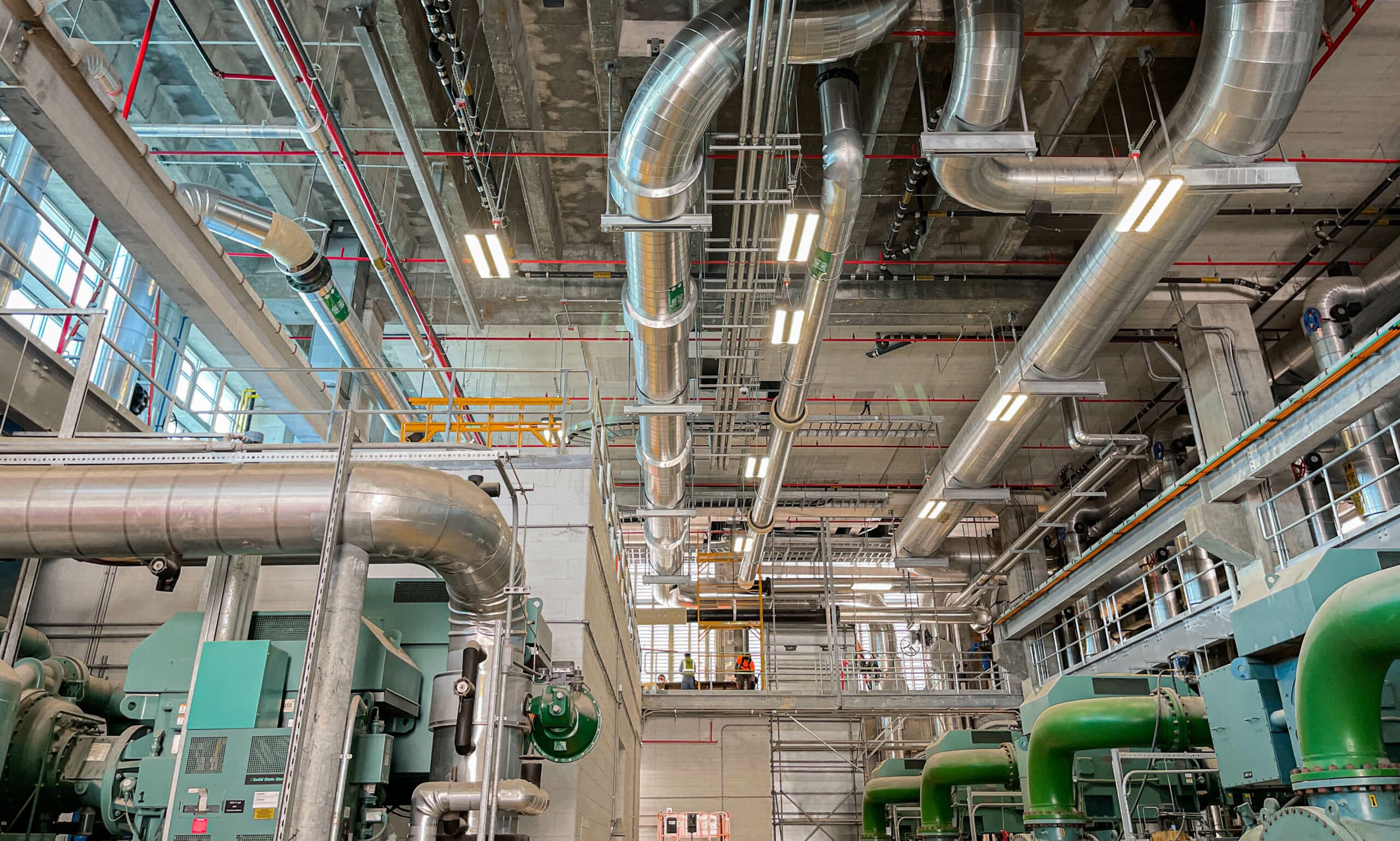 Large central plant mechanical room with stainless steel piping and chillers